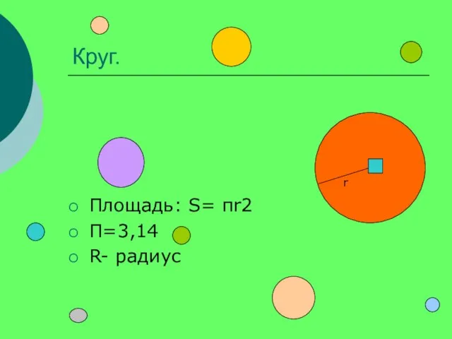 Круг. Площадь: S= пr2 П=3,14 R- радиус r r