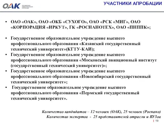 УЧАСТНИКИ АПРОБАЦИИ ОАО «ОАК», ОАО «ОКБ «СУХОГО», ОАО «РСК «МИГ», ОАО «КОРПОРАЦИЯ