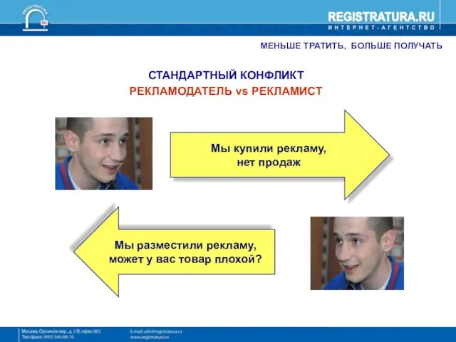 МЕНЬШЕ ТРАТИТЬ, БОЛЬШЕ ПОЛУЧАТЬ СТАНДАРТНЫЙ КОНФЛИКТ РЕКЛАМОДАТЕЛЬ vs РЕКЛАМИСТ Мы купили рекламу,