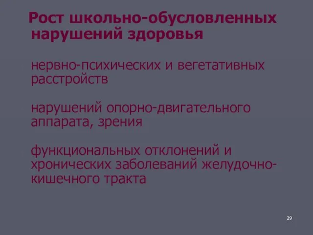 Рост школьно-обусловленных нарушений здоровья нервно-психических и вегетативных расстройств нарушений опорно-двигательного аппарата, зрения