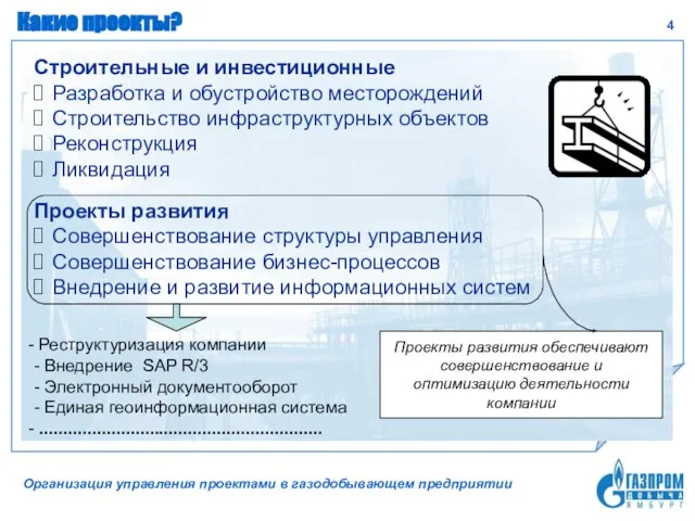 Какие проекты? Строительные и инвестиционные Разработка и обустройство месторождений Строительство инфраструктурных объектов