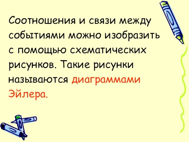 Соотношения и связи между событиями можно изобразить с помощью схематических рисунков. Такие рисунки называются диаграммами Эйлера.