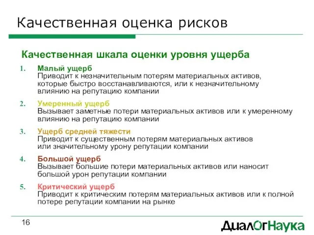 Качественная оценка рисков Качественная шкала оценки уровня ущерба Малый ущерб Приводит к