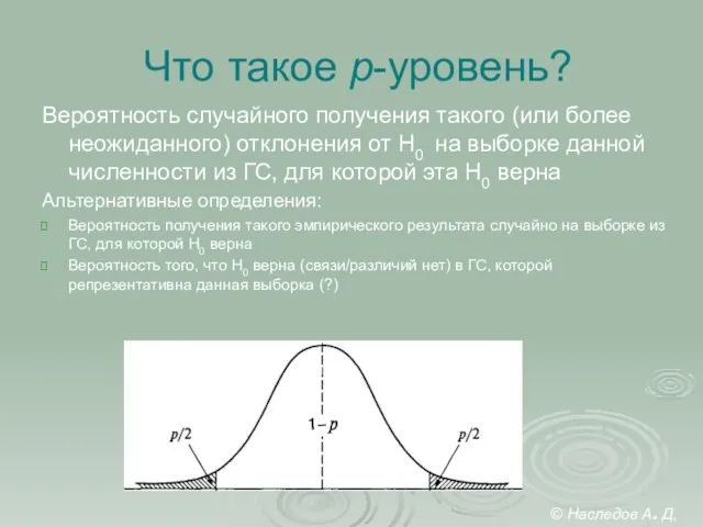 Что такое p-уровень? Вероятность случайного получения такого (или более неожиданного) отклонения от