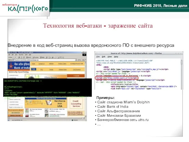 Технология веб-атаки - заражение сайта Внедрение в код веб-страниц вызова вредоносного ПО