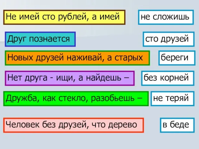 Не имей сто рублей, а имей сто друзей Друг познается в беде