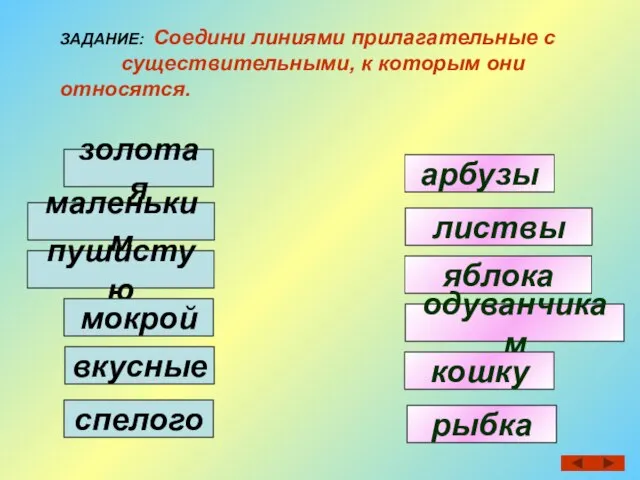 ЗАДАНИЕ: Соедини линиями прилагательные с существительными, к которым они относятся. арбузы листвы яблока одуванчикам кошку рыбка