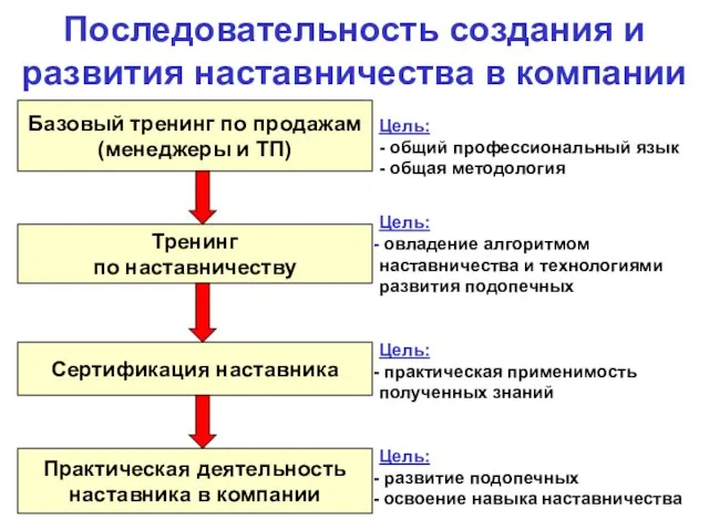 Последовательность создания и развития наставничества в компании Базовый тренинг по продажам (менеджеры