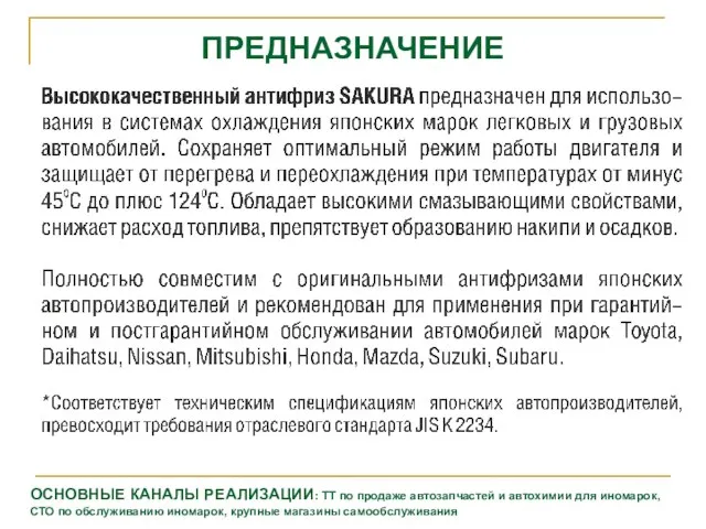 ПРЕДНАЗНАЧЕНИЕ ОСНОВНЫЕ КАНАЛЫ РЕАЛИЗАЦИИ: ТТ по продаже автозапчастей и автохимии для иномарок,