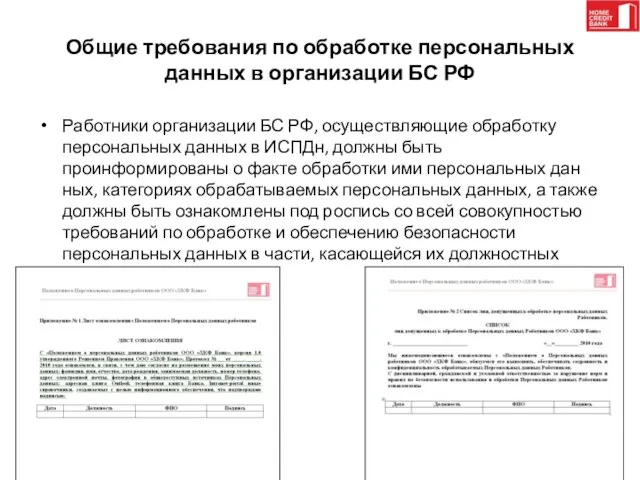 Общие требования по обработке персональных данных в организации БС РФ Работники организации