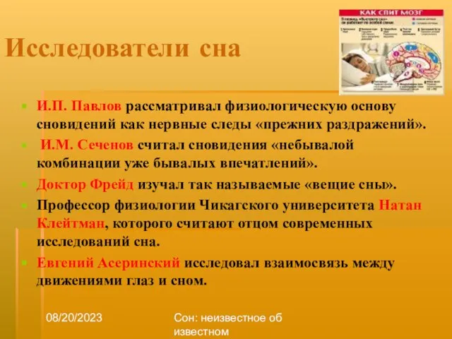 08/20/2023 Сон: неизвестное об известном Исследователи сна И.П. Павлов рассматривал физиологическую основу