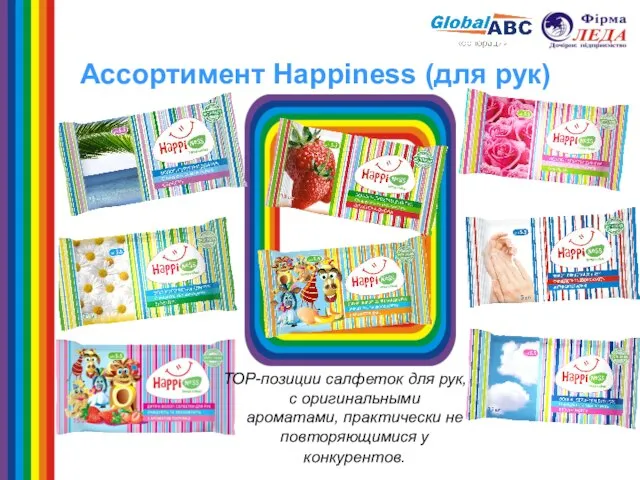 Ассортимент Happiness (для рук) ТОР-позиции салфеток для рук, с оригинальными ароматами, практически не повторяющимися у конкурентов.