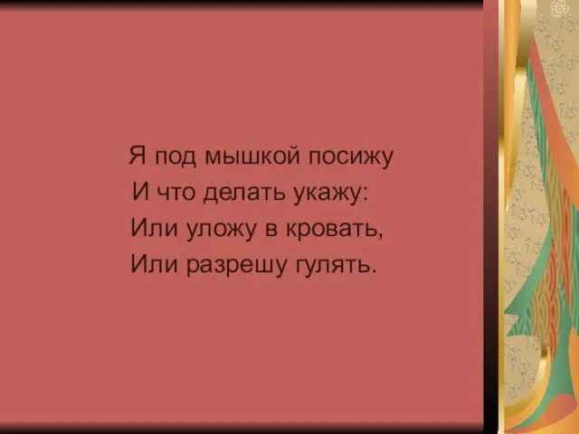 Я под мышкой посижу И что делать укажу: Или уложу в кровать, Или разрешу гулять.