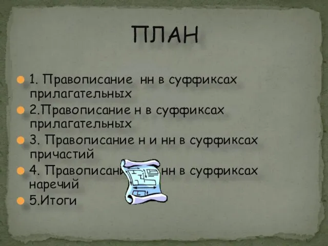 1. Правописание нн в суффиксах прилагательных 2.Правописание н в суффиксах прилагательных 3.