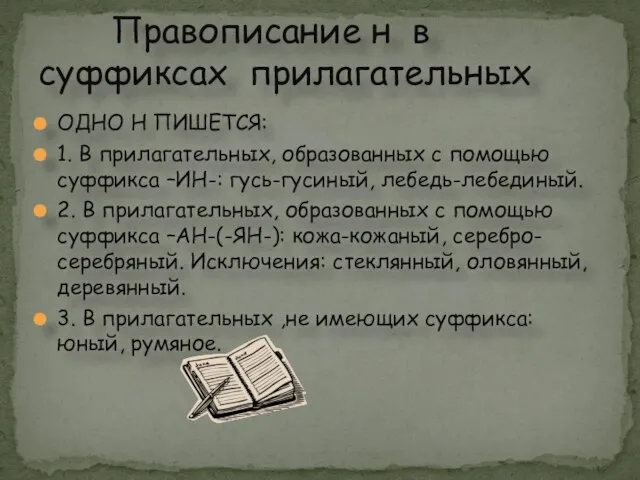 ОДНО Н ПИШЕТСЯ: 1. В прилагательных, образованных с помощью суффикса –ИН-: гусь-гусиный,