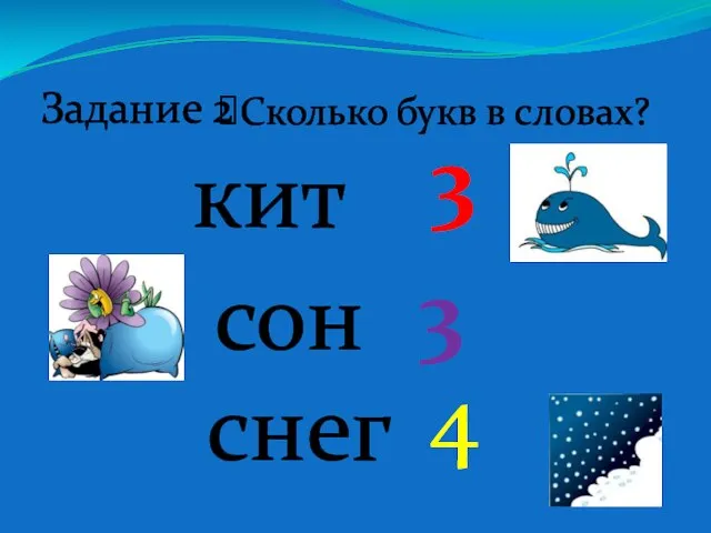 Задание 2 Сколько букв в словах? кит сон снег 3 3 4