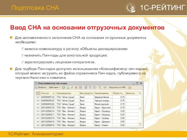 Подготовка СНА Ввод СНА на основании отгрузочных документов 1С-Рейтинг: Алкомониторинг 1С-РЕЙТИНГ Для