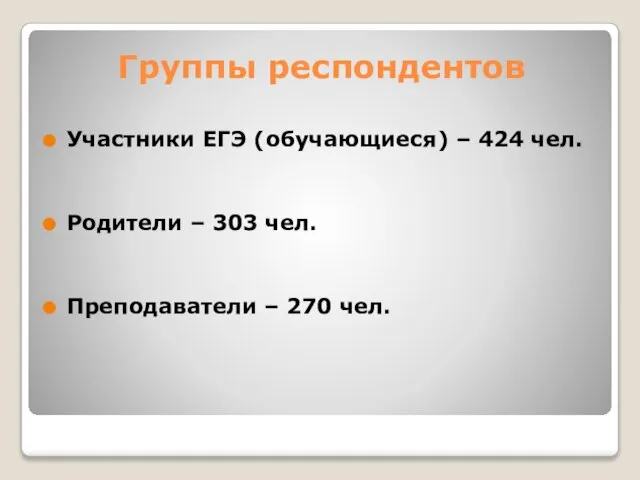 Группы респондентов Участники ЕГЭ (обучающиеся) – 424 чел. Родители – 303 чел. Преподаватели – 270 чел.