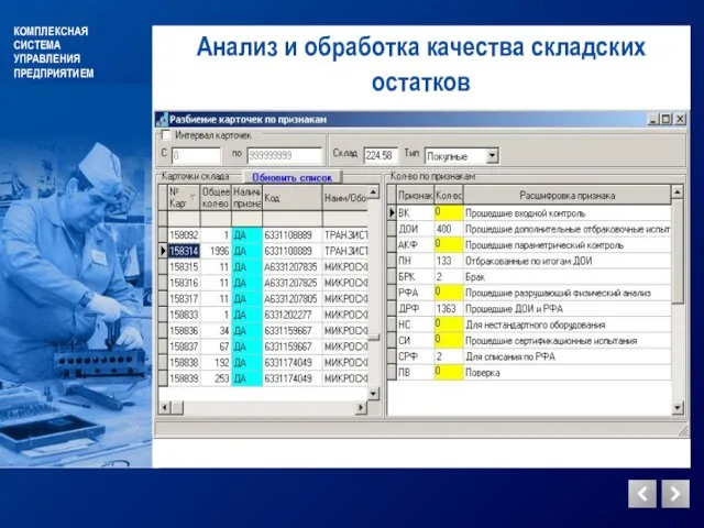 КОМПЛЕКСНАЯ СИСТЕМА УПРАВЛЕНИЯ ПРЕДПРИЯТИЕМ Анализ и обработка качества складских остатков