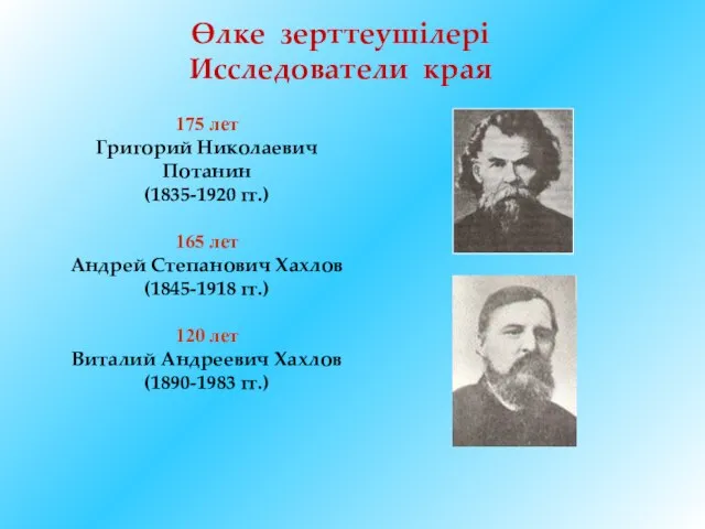 Өлке зерттеушілері Исследователи края 175 лет Григорий Николаевич Потанин (1835-1920 гг.) 165