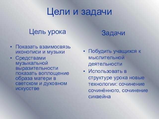 Цели и задачи Цель урока Показать взаимосвязь иконописи и музыки Средствами музыкальной