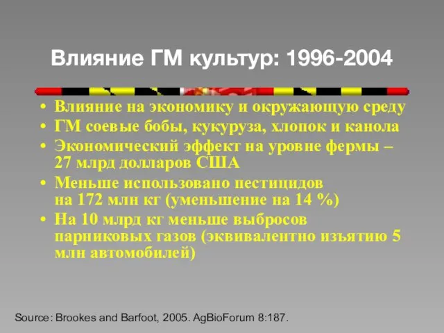 Влияние ГМ культур: 1996-2004 Влияние на экономику и окружающую среду ГМ соевые