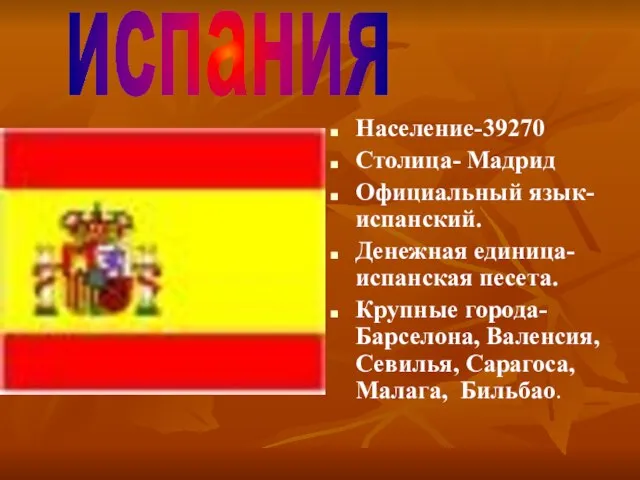 Население-39270 Столица- Мадрид Официальный язык- испанский. Денежная единица- испанская песета. Крупные города-