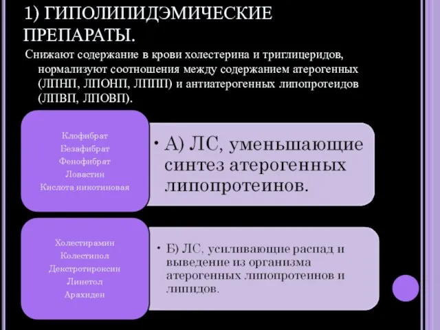 1) ГИПОЛИПИДЭМИЧЕСКИЕ ПРЕПАРАТЫ. Снижают содержание в крови холестерина и триглицеридов, нормализуют соотношения