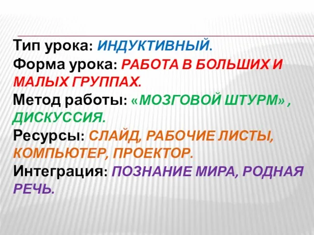 Тип урока: ИНДУКТИВНЫЙ. Форма урока: РАБОТА В БОЛЬШИХ И МАЛЫХ ГРУППАХ. Метод