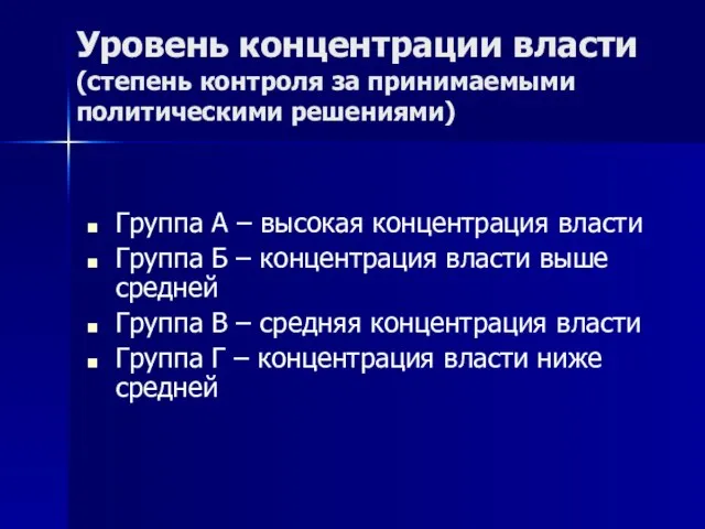 Уровень концентрации власти (степень контроля за принимаемыми политическими решениями) Группа А –