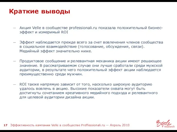 Краткие выводы Акция Velle в сообществе professionali.ru показала положительный бизнес-эффект и измеримый