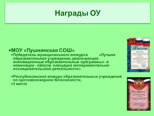 Награды ОУ МОУ «Пушнинская СОШ» Победитель муниципального конкурса «Лучшее образовательное учреждение, реализующее