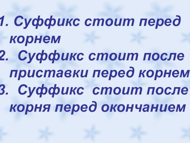 Суффикс стоит перед корнем Суффикс стоит после приставки перед корнем Суффикс стоит