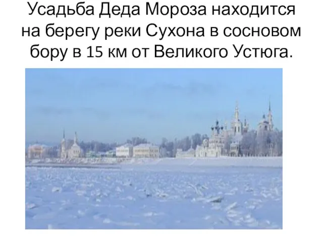 Усадьба Деда Мороза находится на берегу реки Сухона в сосновом бору в