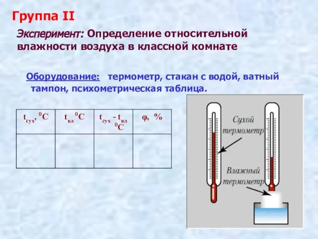 Эксперимент: Определение относительной влажности воздуха в классной комнате Оборудование: термометр, стакан с