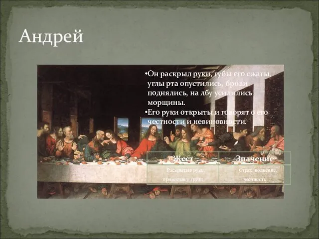 Андрей Он раскрыл руки, губы его сжаты, углы рта опустились, брови поднялись,