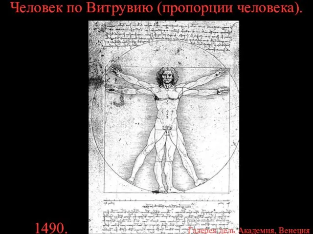 Человек по Витрувию (пропорции человека). 1490. Галерея дель Академия, Венеция