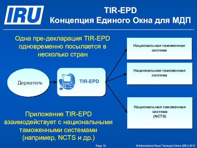 TIR-EPD Концепция Единого Окна для МДП Page © International Road Transport Union
