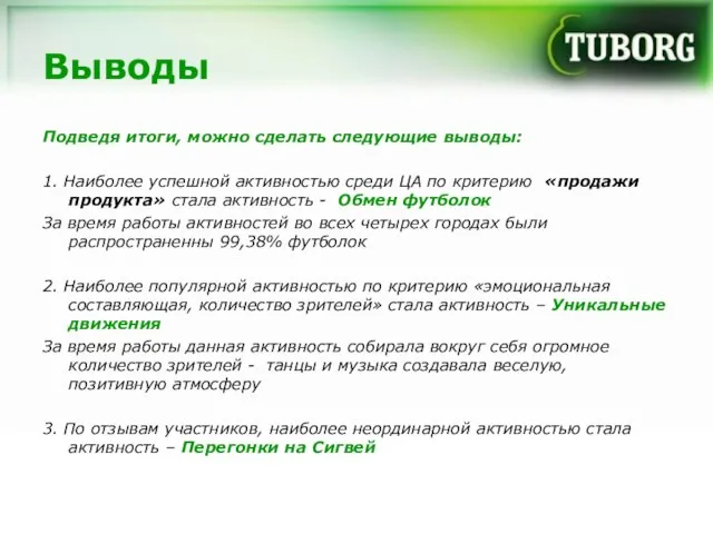 Выводы Подведя итоги, можно сделать следующие выводы: 1. Наиболее успешной активностью среди