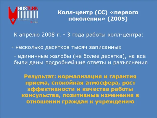 Колл-центр (СС) «первого поколения» (2005) К апрелю 2008 г. - 3 года