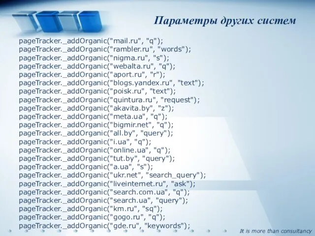 Параметры других систем pageTracker._addOrganic("mail.ru", "q"); pageTracker._addOrganic("rambler.ru", "words"); pageTracker._addOrganic("nigma.ru", "s"); pageTracker._addOrganic("webalta.ru", "q"); pageTracker._addOrganic("aport.ru",