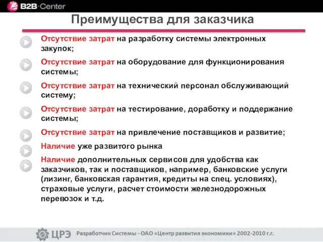 Преимущества для заказчика Отсутствие затрат на разработку системы электронных закупок; Отсутствие затрат