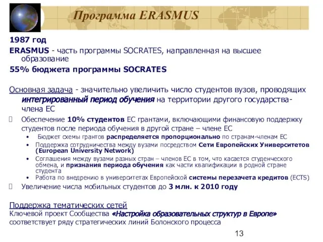 Программа ERASMUS 1987 год ERASMUS - часть программы SOCRATES, направленная на высшее