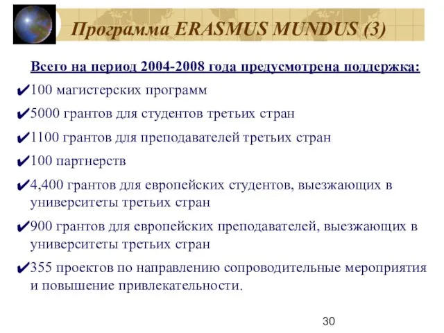 Программа ERASMUS MUNDUS (3) Всего на период 2004-2008 года предусмотрена поддержка: 100