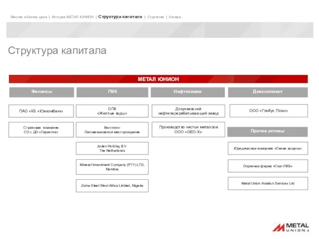 Миссия и бизнес цели | История МЕТАЛ ЮНИОН | Структура капитала |