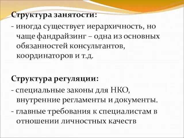 Структура занятости: - иногда существует иерархичность, но чаще фандрайзинг – одна из