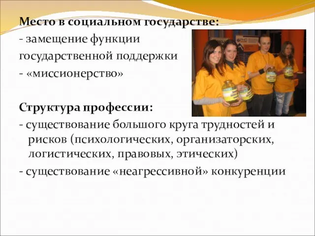 Место в социальном государстве: - замещение функции государственной поддержки - «миссионерство» Структура