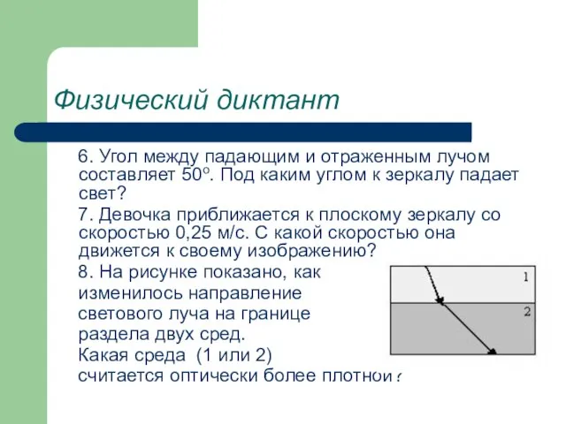 Физический диктант 6. Угол между падающим и отраженным лучом составляет 50о. Под