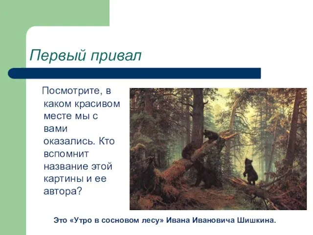 Первый привал Посмотрите, в каком красивом месте мы с вами оказались. Кто