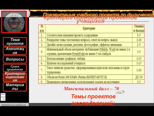 Критерии оценивания проектов учащихся Максимальный балл – 70 Критерии оценивания Темы проектов (исследований)